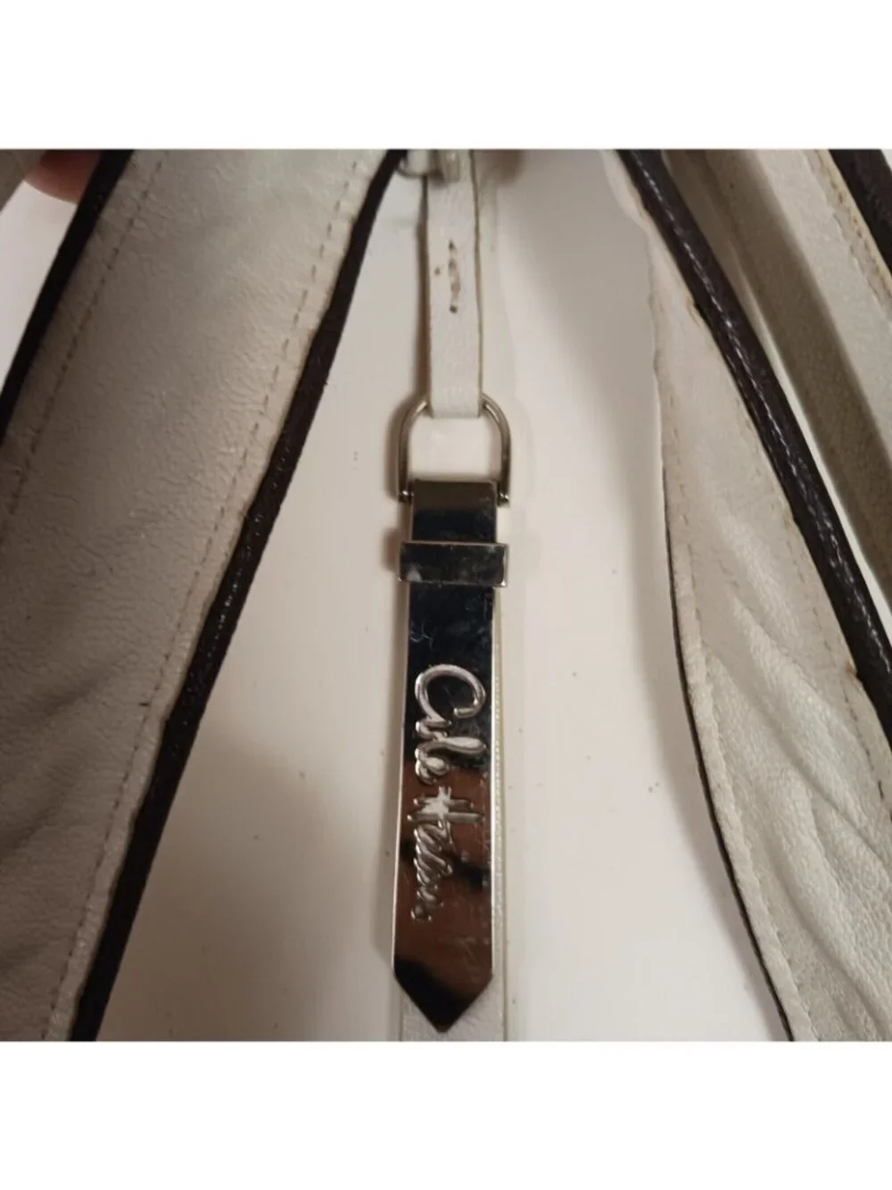 Cole Haan Leather Buckle Trim Multi Pocket Shoulder Bag Womens Ivory Brown